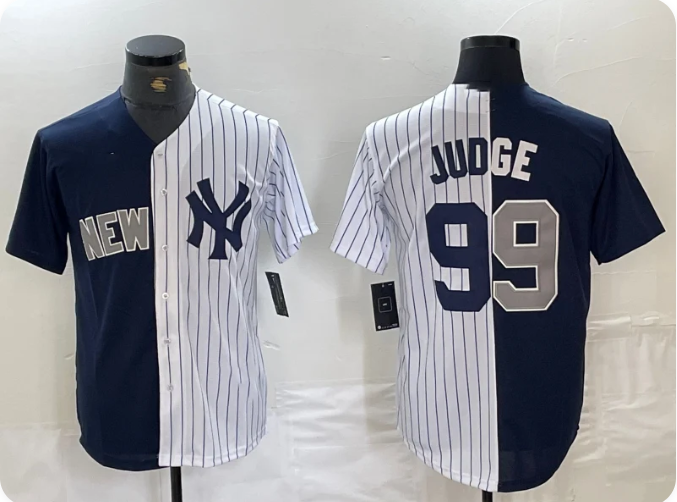Men's New York Yankees Aaron Judge #99 Navy/White Split Stitched Baseball Jersey