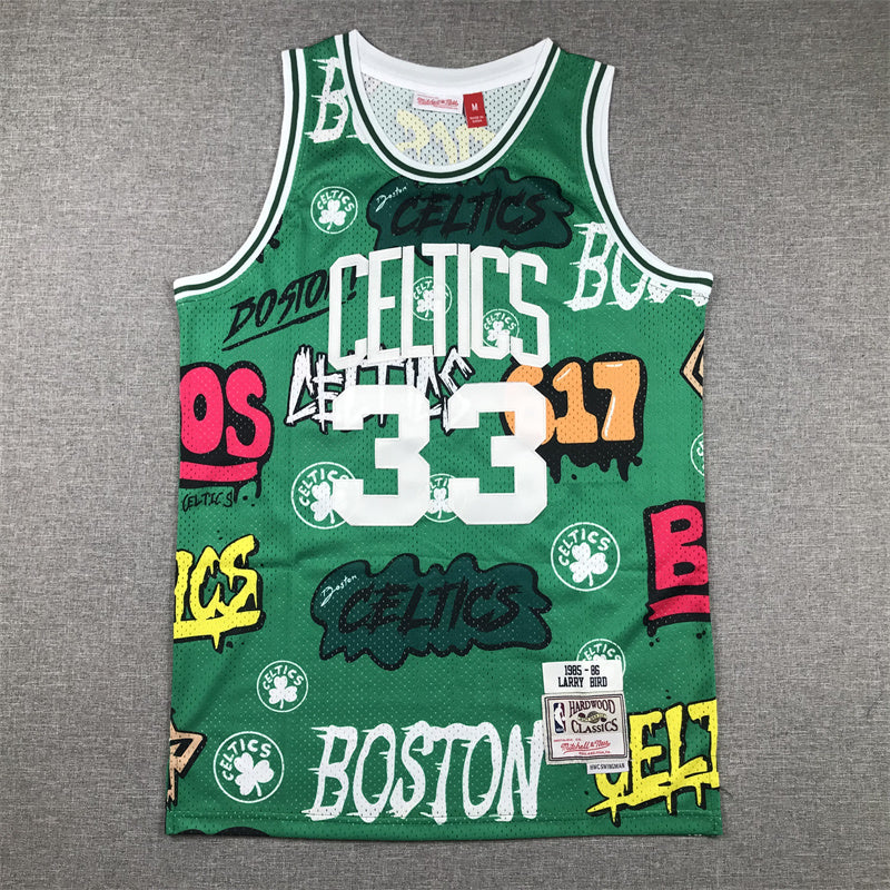 Larry Bird #33 Boston Celtics 1985-86 Mitchell & Ness Hardwood Classics Slap Sticker Swingman Jersey – Green Graffiti