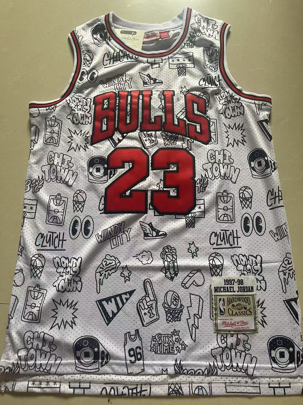 Michael Jordan #23 Chicago Bulls Mitchell & Ness Hardwood Classics Jersey – White Doodle