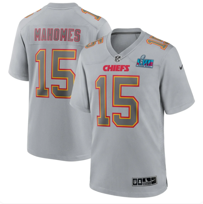 Men's Nike Patrick Mahomes Gray Kansas City Chiefs Super Bowl LVII Patch Atmosphere Fashion Game Jersey #15