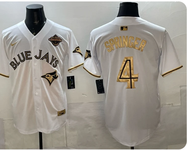 Men's Toronto Blue Jays #4 George Springer White Gold Champions Edition Player Jersey