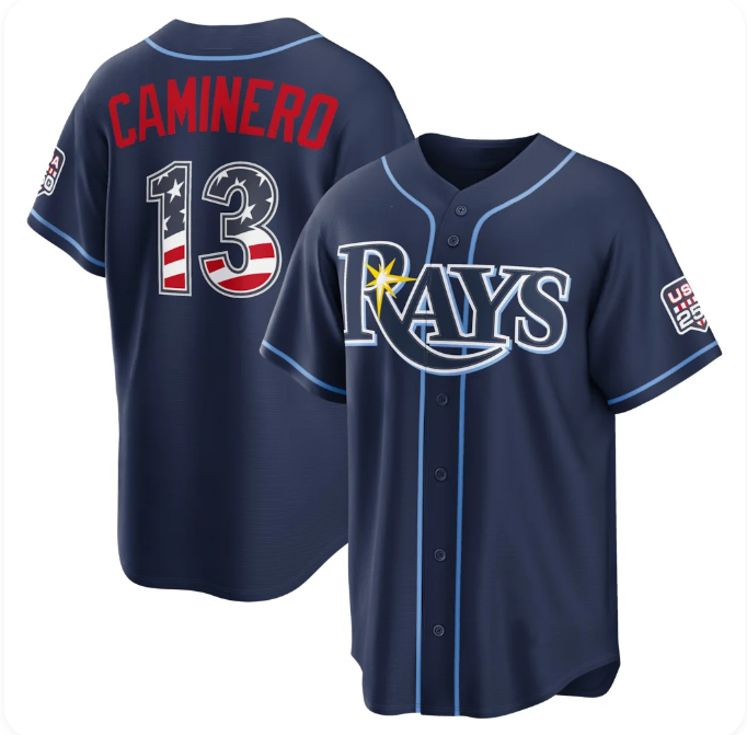 Tampa Bay Rays #13 Junior Caminero USA 250 Fourth of July Road Stadium Jersey - Navy