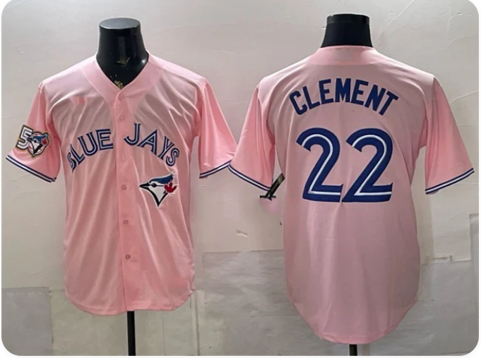 Men's Toronto Blue Jays #22 Ernie Clement Pink Stitched Jersey – 50th Anniversary Patch