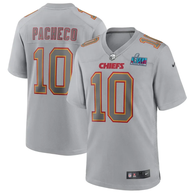 Men's Kansas City Chiefs #10 Isiah Pacheco Gray Super Bowl LVII Patch Atmosphere Fashion Game Jersey