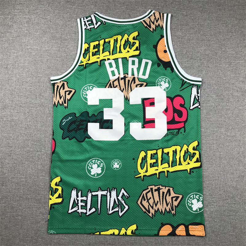 Larry Bird #33 Boston Celtics 1985-86 Mitchell & Ness Hardwood Classics Slap Sticker Swingman Jersey – Green Graffiti